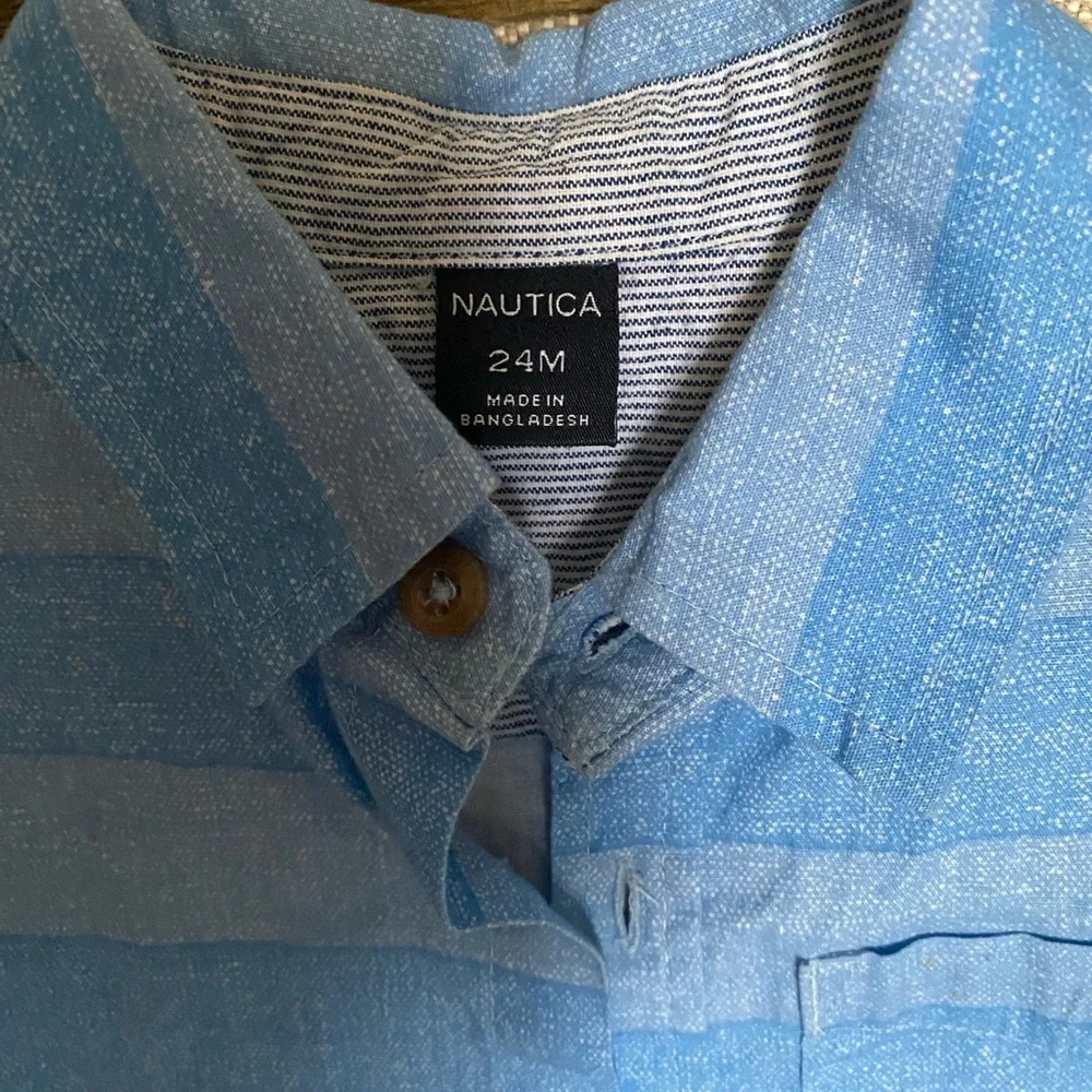 Nautica Baby Boys Blue Short Sleeve Collared Striped Button Front Shirt Size 24M